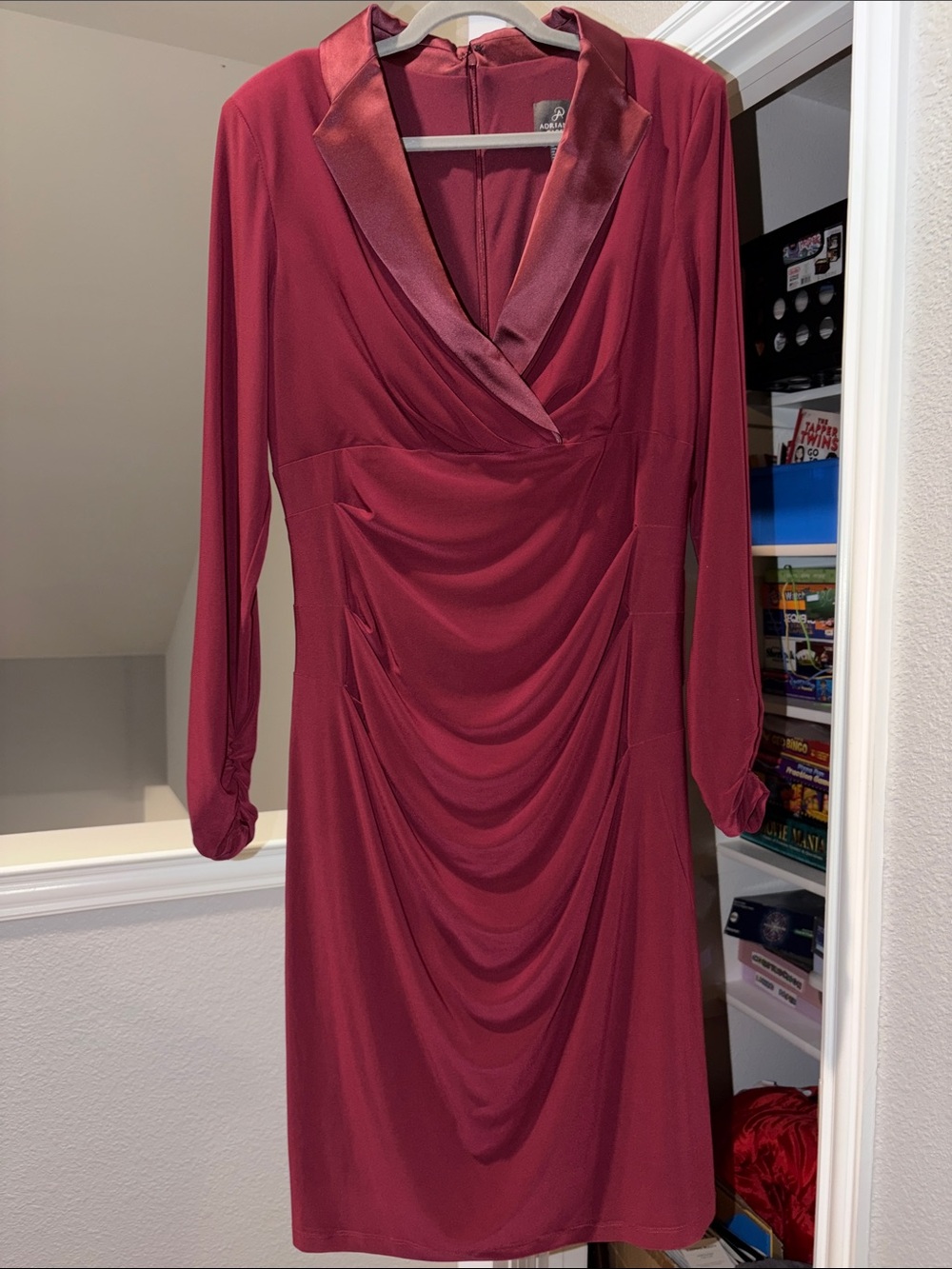 Adrianna Papell Burgundy Draped V-Neck Long Sleeve Dress